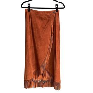 Vintage Positano Pelle Genuine Suede Fringe Trim Midi Skirt Burnt Orange P / XS